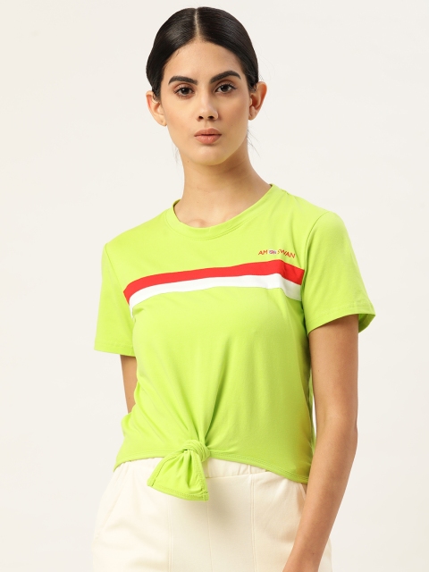 

AM SWAN Women Lime Green & Red Striped Waist Tie-up Top