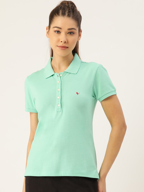 

AM SWAN Women Blue Solid Polo Collar Pure Cotton T-shirt