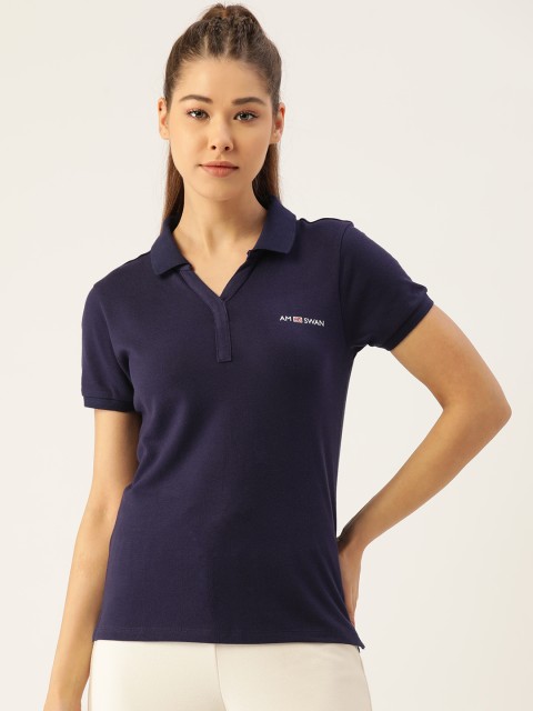 

AM SWAN Women Navy Blue Solid Polo Collar Pure Cotton T-shirt