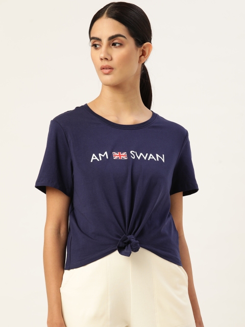 

AM SWAN Women Navy Blue & White Brand Logo Print Top