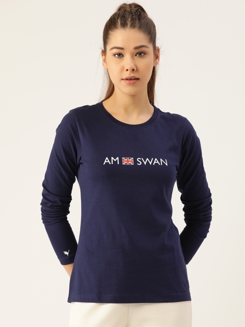 

AM SWAN Women Navy Blue & White Brand Logo Printed T-shirt