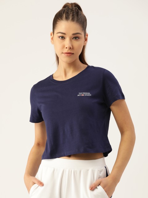 

AM SWAN Women Navy Blue Solid Cotton T-shirt