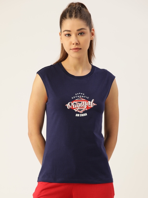 

AM SWAN Women Navy Blue & White Brand Logo Printed T-shirt