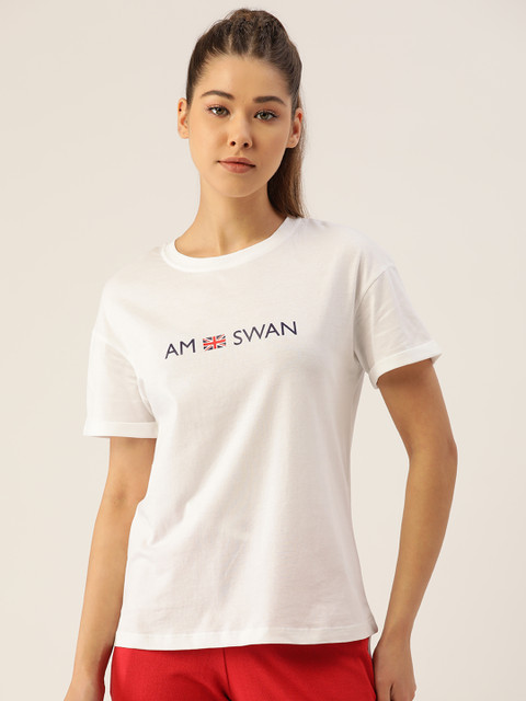 

AM SWAN Women White Pure Cotton Brand Logo Printed T-shirt