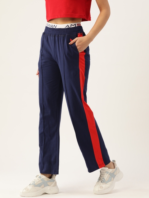 

AM SWAN Women Navy Blue Solid Track Pants with Side Stripe Detail