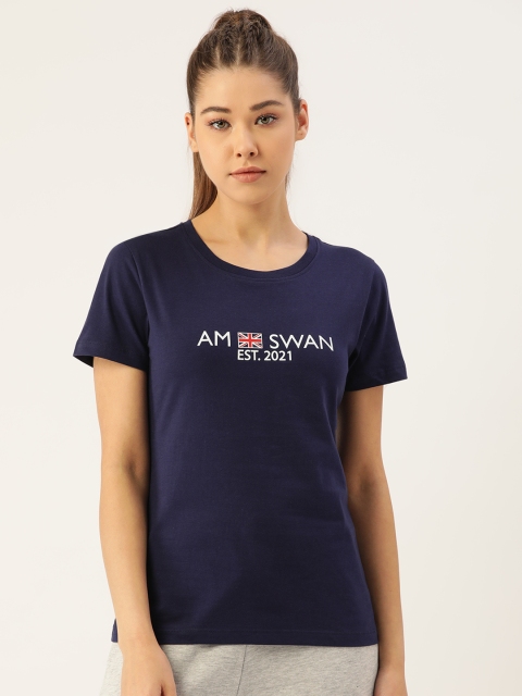 

AM SWAN Women Navy Blue & White Pure Collar Cotton Brand Logo Printed T-shirt