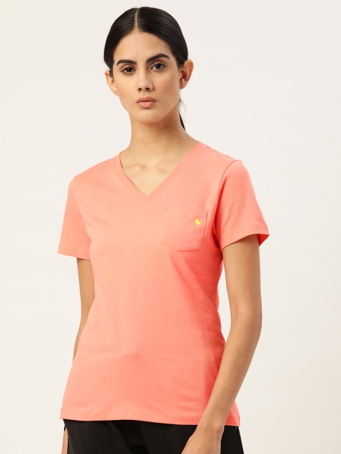 

AM SWAN Women Coral Orange V-Neck Pure Cotton T-shirt