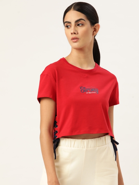 

AM SWAN Women Red Printed Lace Inserts Crop Top