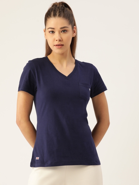 

AM SWAN Women Navy Blue Solid V-Neck Pure Cotton T-shirt