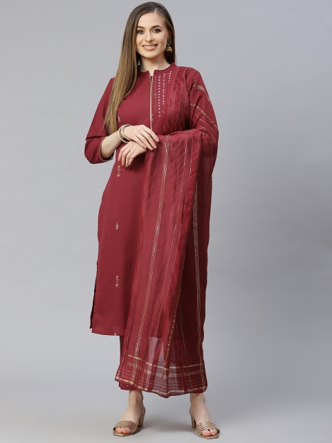 

ZIYAA Women Maroon Floral Printed Aari Work Kurta with Trousers & With Dupatta