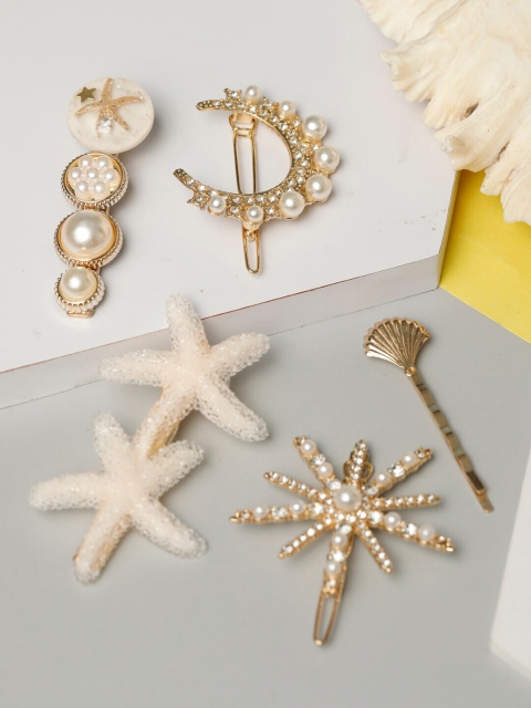 

PRITA Women Gold-Toned & White Set of 5 Beaded Hair Accessory