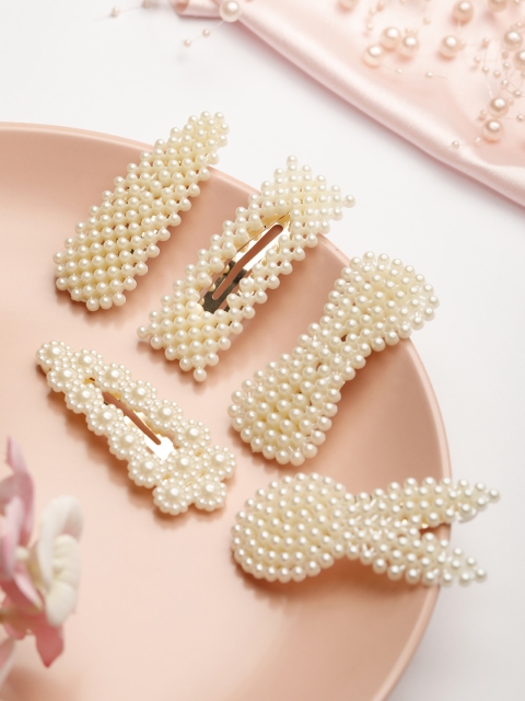 

PRITA Women White & Gold-Toned Set of 5 Embellished Tic Tac Hair Clip