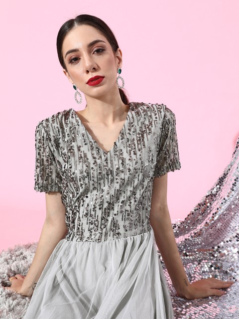 

plusS Women Beautiful Grey Solid Bling and Sparkly Dress