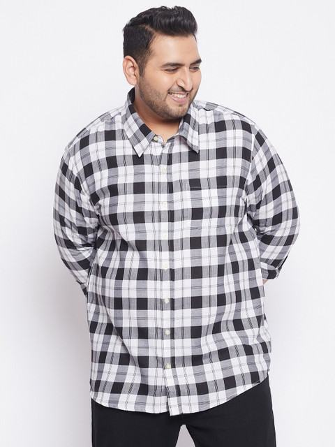 

bigbanana Plus Size Men Black Comfort Tartan Checks Cotton Casual Shirt
