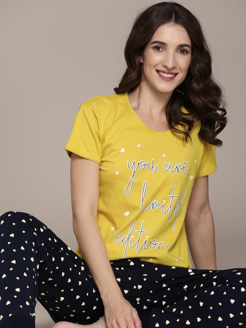 

beebelle Women Yellow & Navy Blue Printed Night suit