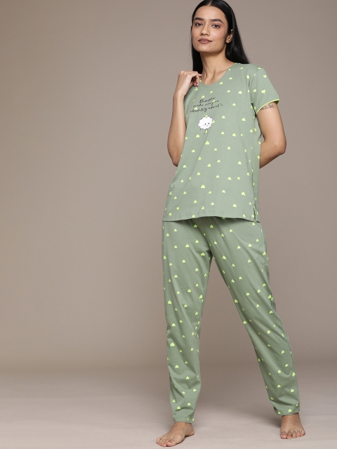 

beebelle Women Olive Green Heart Printed Pure Cotton Night suit