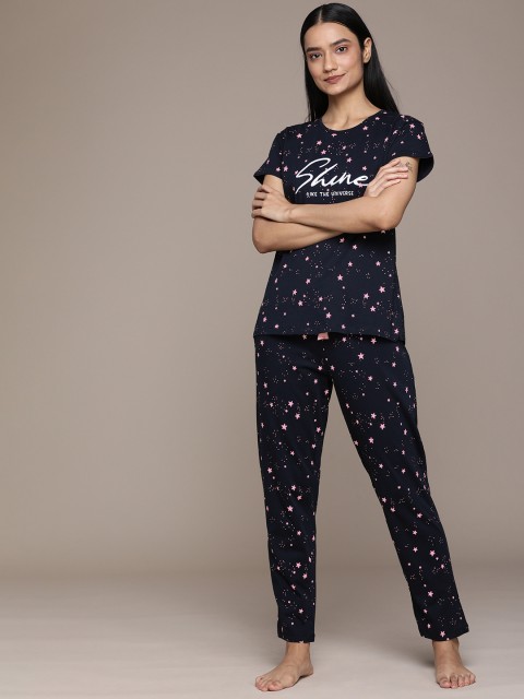 

beebelle Women Navy Blue & Pink Pure Cotton Printed Night suit