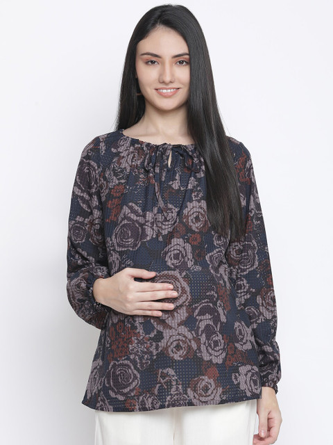 

Oxolloxo Navy Blue Print Tie-Up Neck Maternity Top