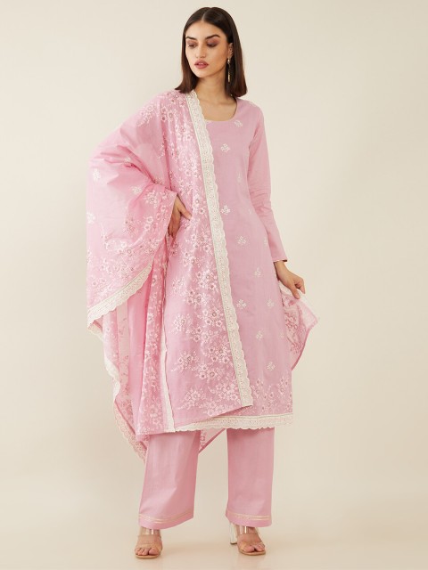 

Soch Pink & White Pure Cotton Unstitched Dress Material