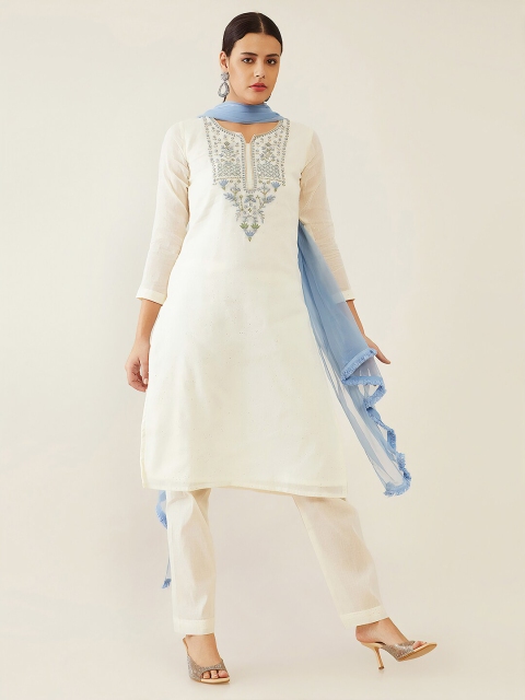 

Soch Cream-Coloured & Blue Hand Embroidered Pure Cotton Unstitched Dress Material