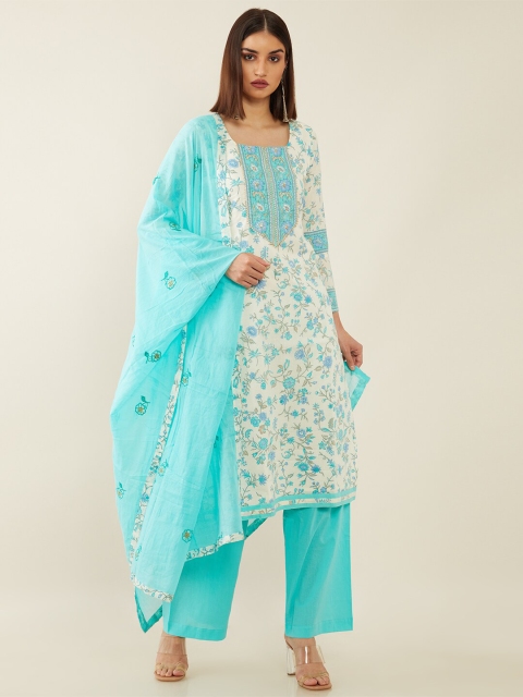 

Soch Women Off White & Blue Floral Printed Pure Cotton Unstitched Dress Material