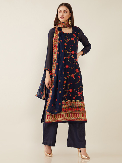 

Soch Navy Blue & Red Embroidered Unstitched Dress Material