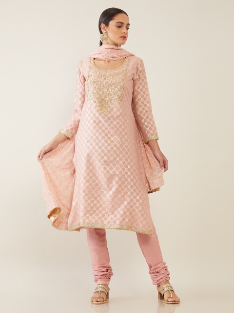 

Soch Golden & Pink Embellished Unstitched Dress Material, Gold