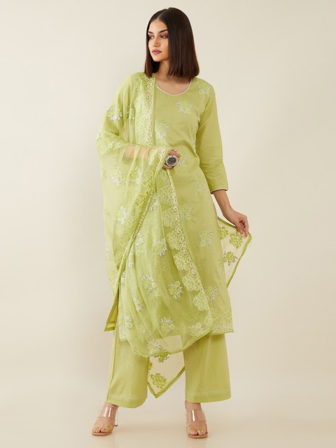 

Soch Green & White Embroidered Pure Cotton Unstitched Dress Material