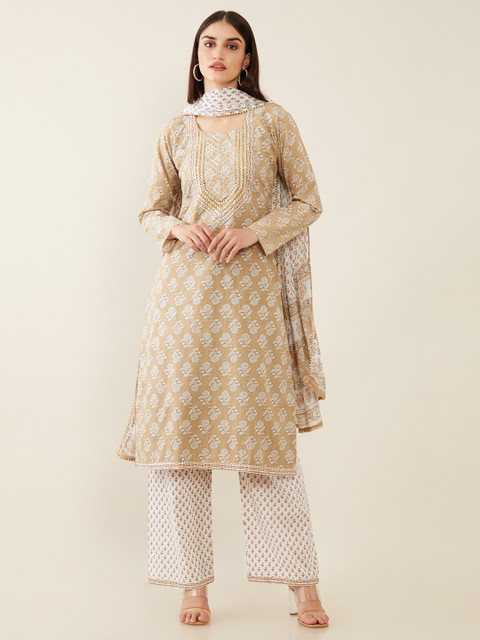 

Soch Beige & Tan Brown Printed Pure Cotton Unstitched Dress Material
