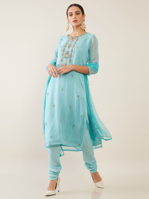 

Soch Blue & Gold-Toned Hand Embroidered Unstitched Dress Material