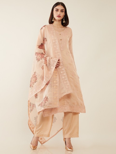 

Soch Peach-Coloured & Red Embroidered Organza Unstitched Dress Material