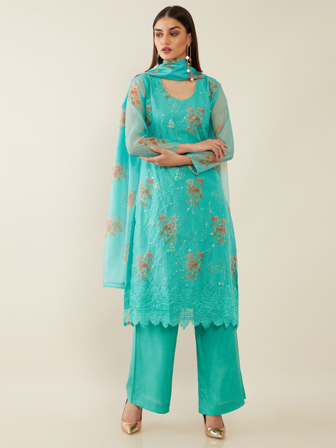 

Soch Turquoise Blue & Green Printed Organza Unstitched Dress Material