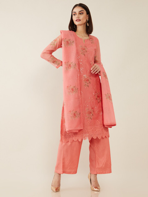 

Soch Coral Pink & Beige Embellished Organza Unstitched Dress Material