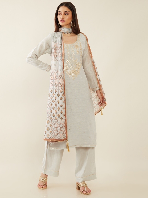 

Soch Grey & Gold-Toned Embroidered Linen Unstitched Dress Material