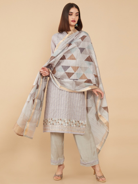 

Soch Grey & Brown Printed Unstitched Dress Material