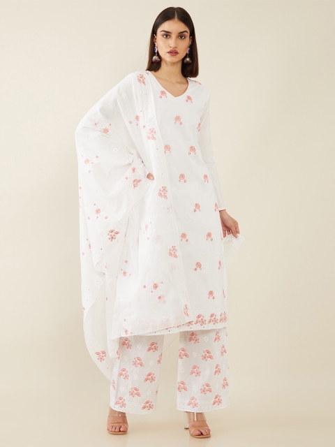 

Soch White & Coral Embroidered Pure Cotton Unstitched Dress Material