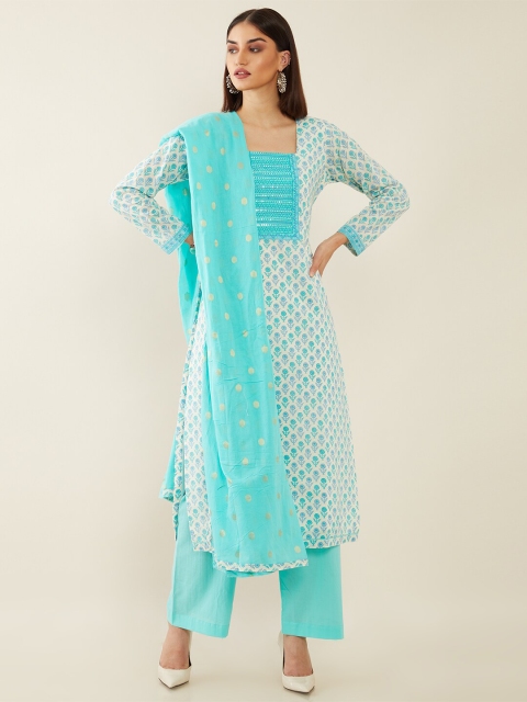 

Soch Off White & Blue Printed Pure Cotton Unstitched Dress Material