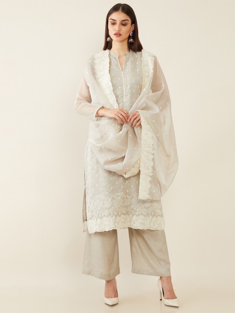 

Soch Grey & White Embroidered Organza Unstitched Dress Material