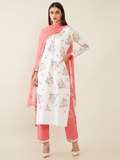 

Soch White & Peach-Coloured Printed Pure Cotton Unstitched Dress Material