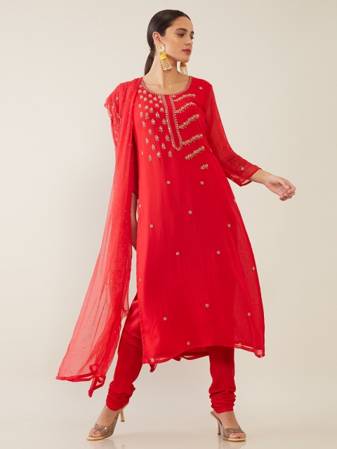 

Soch Red & Gold-Toned Embellished Unstitched Dress Material