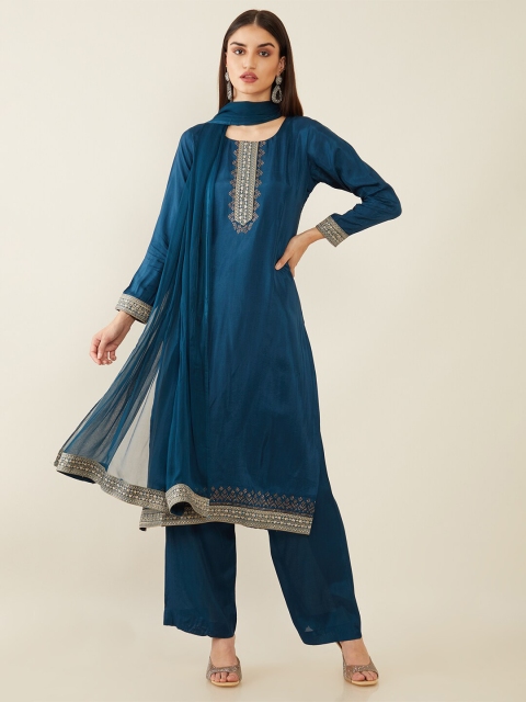 

Soch Navy Blue & Gold-Toned Embellished Unstitched Dress Material