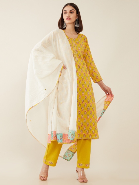 

Soch Mustard & White Printed Pure Cotton Unstitched Dress Material