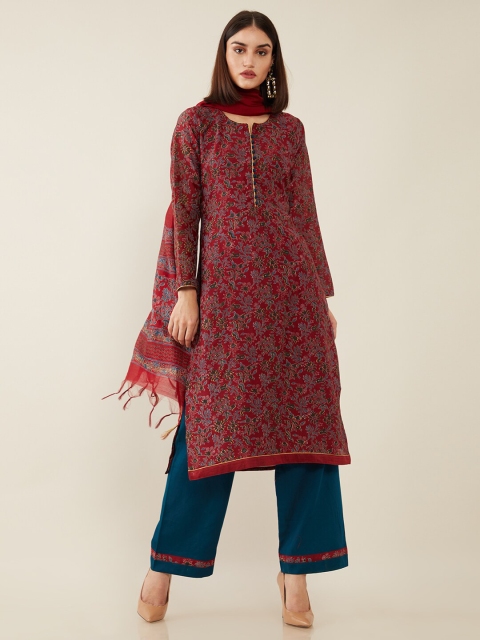

Soch Maroon & Teal Blue Printed Unstitched Dress Material