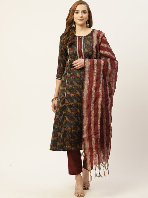 

VAABA Women Charcoal Grey & Olive Green Ethnic Printed Kurta with Trousers & Dupatta
