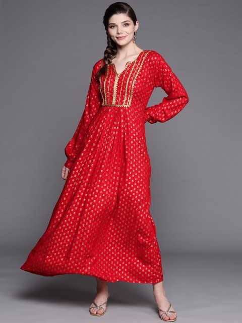 

Chhabra 555 Maroon Floral Foil Print Gota Patti Made to Measure Ethnic Maxi Dress
