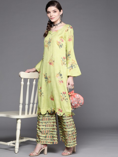 

Chhabra 555 Women Lime Green Floral Printed Embellished Kurta with Palazzos