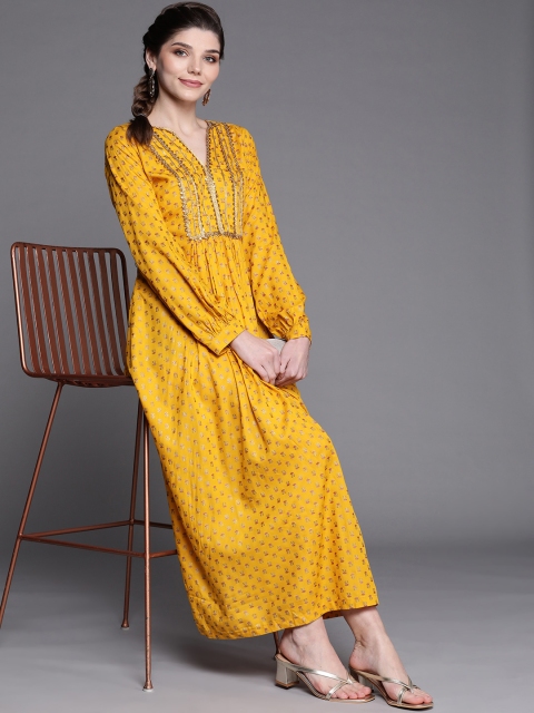 

Chhabra 555 Mustard Yellow Floral Foil Print Gota Patti Made to Measure Ethnic Maxi Dress