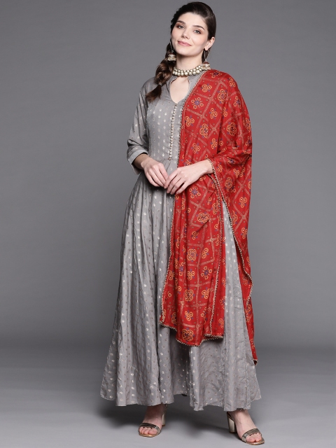

Chhabra 555 Women Grey Ethnic Motif Chanderi Cotton Anarkali Kurta Set & Dupatta