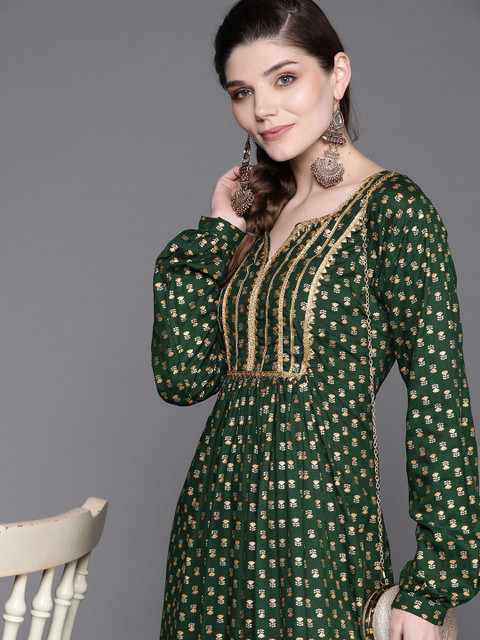 

Chhabra 555 Green & Gold-Toned Floral Print Gota Patti Made to Measure Ethnic Maxi Dress