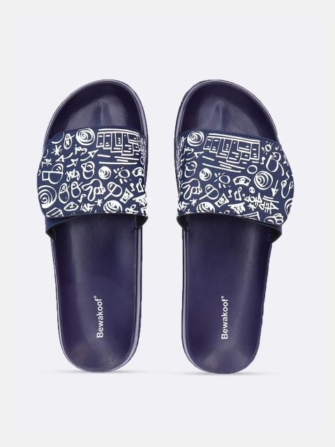 

Bewakoof Men Blue & White Printed Rubber Sliders